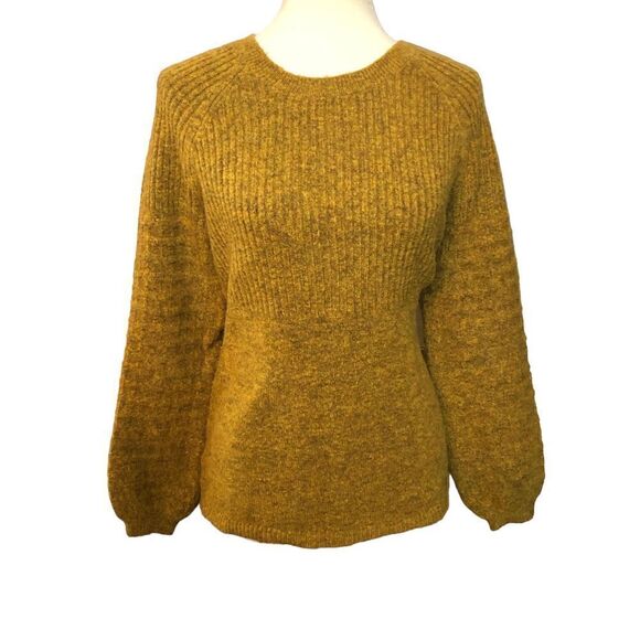 Ann Taylor Knit Sweater Bubble Sleeve Wool Blend Ribbed Mustard Yellow - Picture 1 of 12
